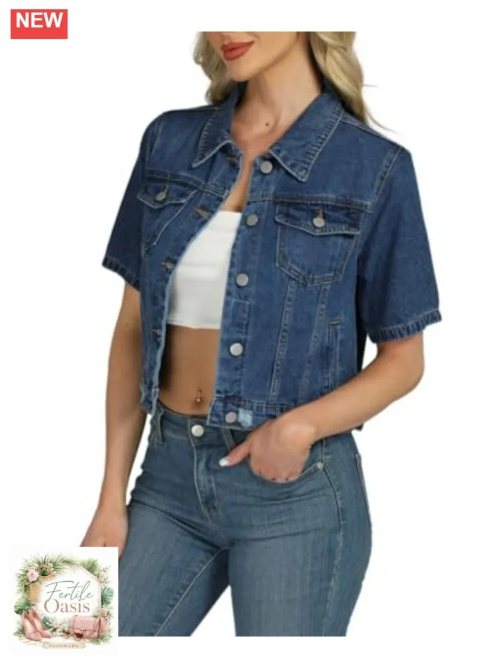 Cropped Denim Jacket Women Short Sleeve Casual Ripped Distressed Trucker Coat